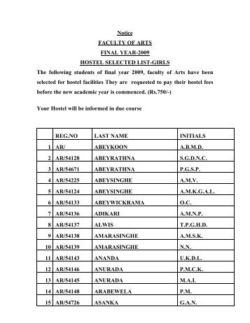 Notice FACULTY OF ARTS FINAL YEAR-2009 HOSTEL SELECTED ...