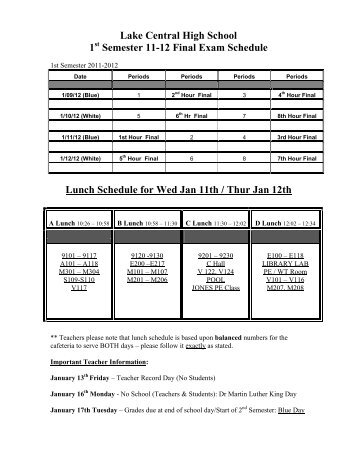 Semester 11-12 Final Exam Schedule - Lake Central High School