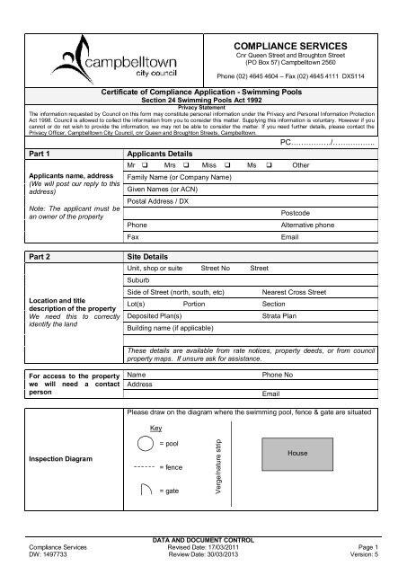 Swimming Pool Certificate of Compliance Application Form (PDF ...