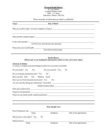 Personal Health History Form - Lendrum Health Centre