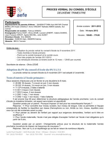 PROCES VERBAL DU CONSEIL D'ÃCOLE - LycÃ©e Claudel