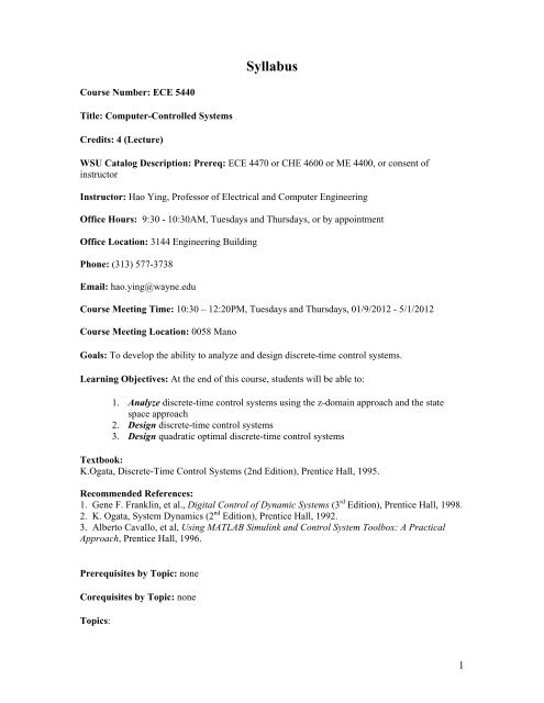 ABET Format Syllabus for ECE 5440 - Wayne State University