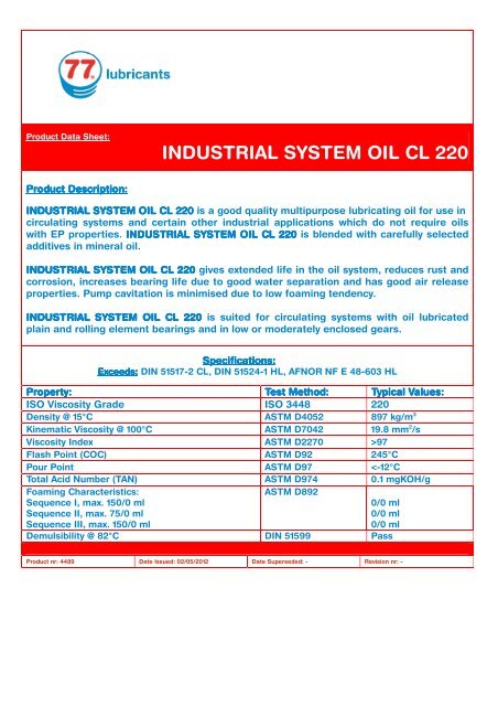 4489 INDUSTRIAL SYSTEM OIL CL 220 - 77 Lubricants