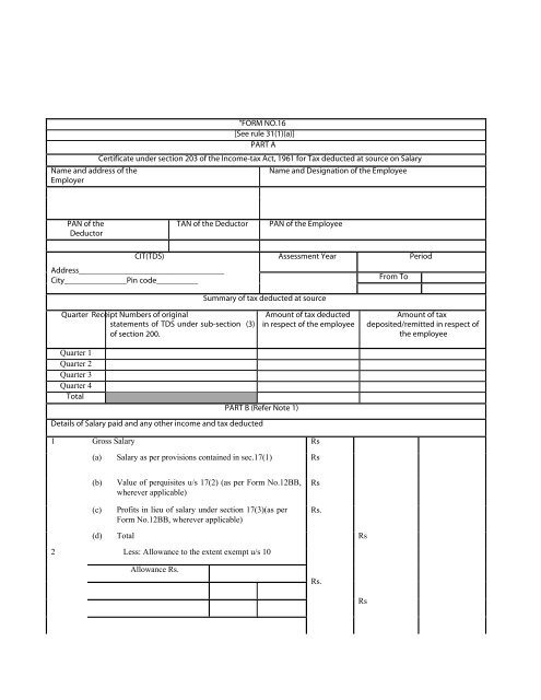 "FORM NO.16 [See rule 31(1)(a)] PART A Certificate under section ...