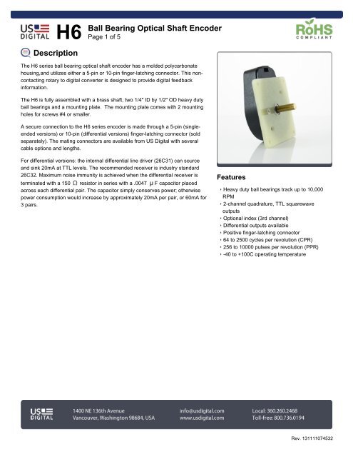 Description H6 Ball Bearing Optical Shaft Encoder - US Digital