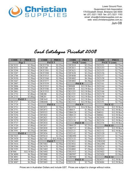 Card Pricelist 2008 - Christian Supplies