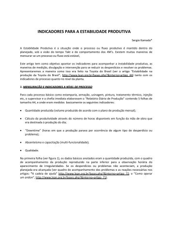 indicadores para a estabilidade produtiva - Lean Institute Brasil