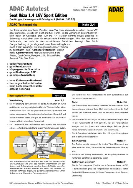Umfassender Test Seat Ibiza 1.4 16V Sport Edition - ADAC