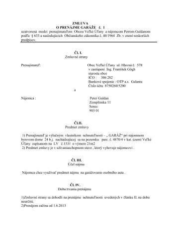 ZMLUVA O PRENÁJME GARÁŽE č. 1 uzatvorená ... - Veľké Úľany