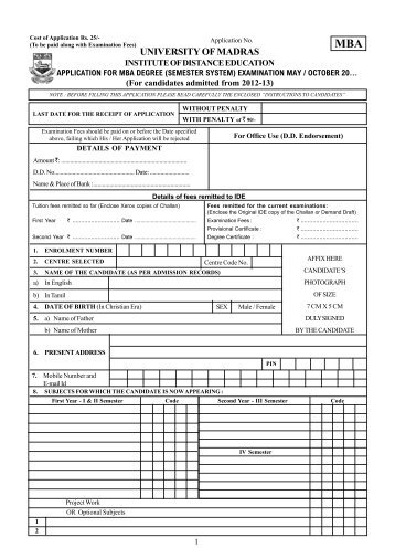 MBA - 2012-2013 batch Application form - University Of Madras ...