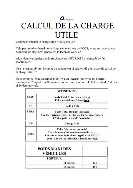 CALCUL DE LA CHARGE UTILE - Pmoioui