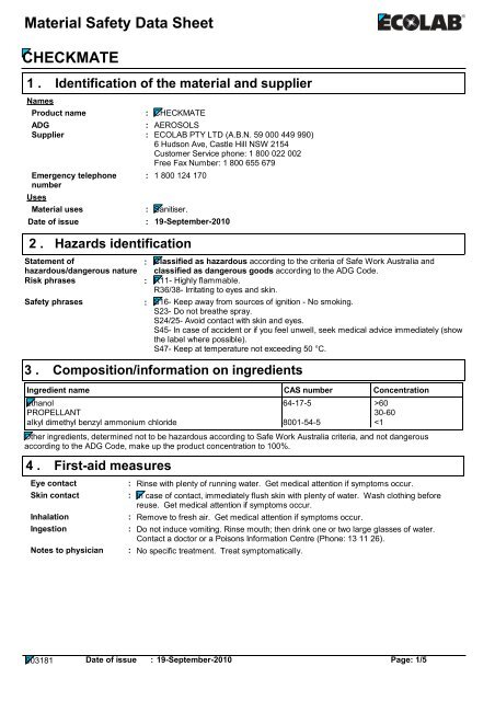 Ecolab - Checkmate - msds - Perth Cleaning Supplies