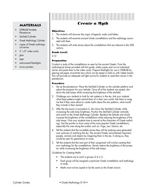 A Collection of Curricula for the STARLAB Greek Mythology Cylinder
