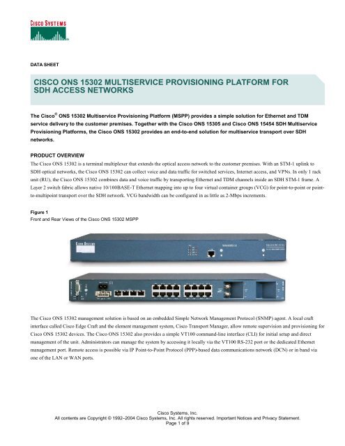 cisco ons 15302 multiservice provisioning platform for sdh access