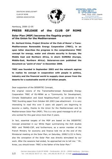 PRESS RELEASE of the CLUB OF ROME - DESERTEC Foundation