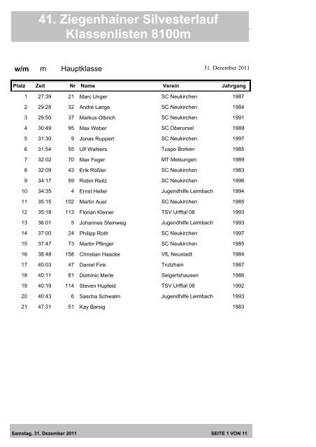 41. Ziegenhainer Silvesterlauf Klassenlisten 8100m