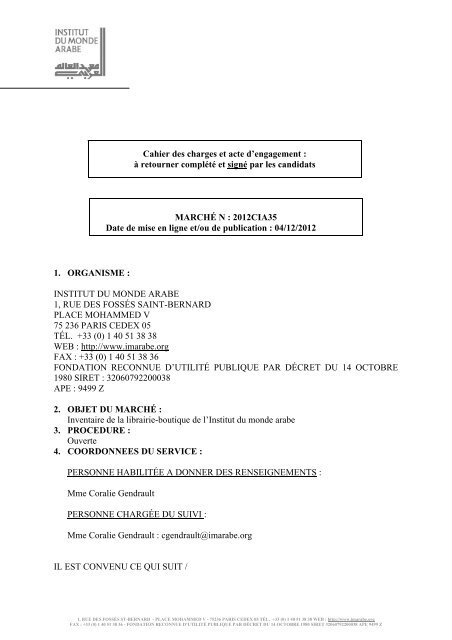 Cahier des charges et acte d'engagement - Institut du Monde Arabe