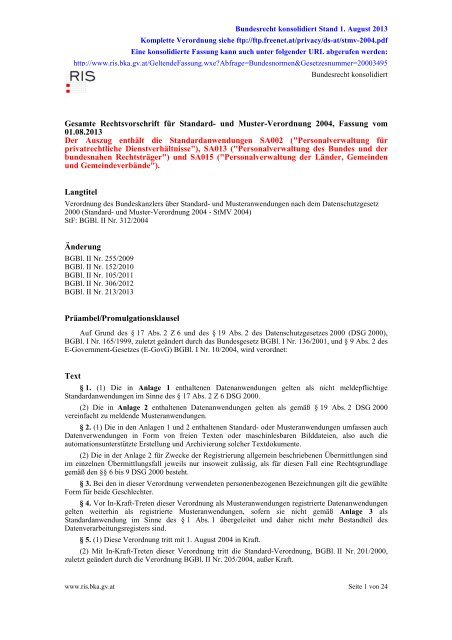 und Muster-Verordnung 2004, Fassung vom 01.08.2013 Der ...