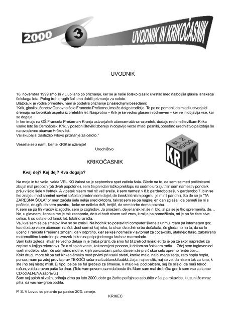 Krik 2 - osnovna Å¡ola Franceta PreÅ¡erna Kranj