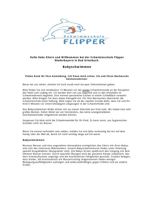 Babyschwimmen Schwimmschule Flipper