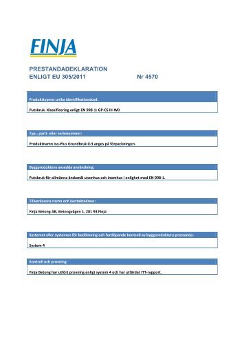PRESTANDADEKLARATION ENLIGT EU 305/2011 Nr 4570 - Finja