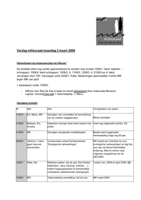 Verslag milieuraad maandag 2 maart 2009 - Gemeente Zwijndrecht