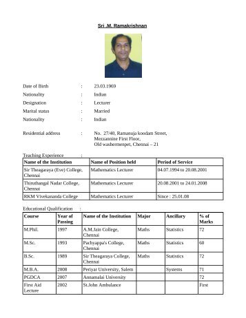 Sri .M. Ramakrishnan Date of Birth : 23.03.1969 Nationality : Indian ...