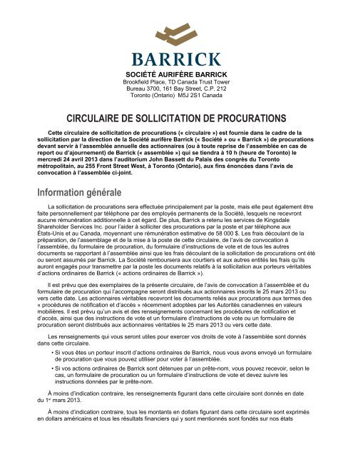 Circulaire de sollicitation de procurations - Barrick Gold Corporation