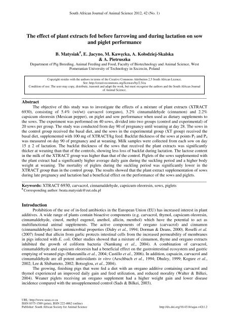 The effect of plant extracts fed before farrowing and during lactation ...