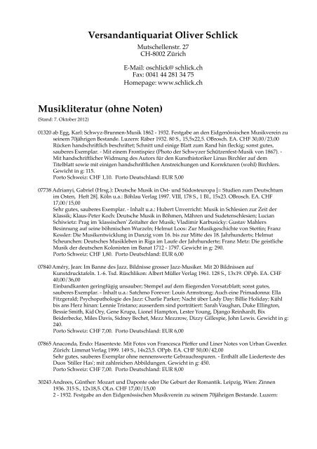 Musikliteratur (ohne Noten) - Versandantiquariat Oliver Schlick