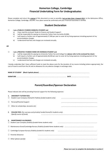 Homerton College, Cambridge Financial Undertaking Form for ...