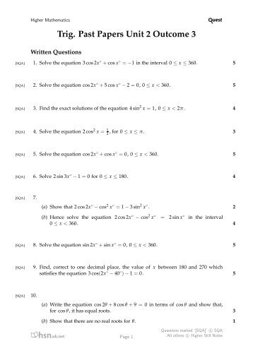 Trig. Past Papers Unit 2 Outcome 3 - Mathsrevision.com