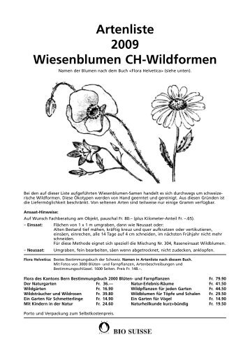 Artenliste 2009 Wiesenblumen CH-Wildformen