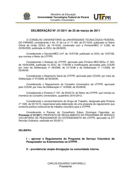 DeliberaÃ§Ã£o nÂº. 01/2011 de 25 de marÃ§o de 2011 do COUNI - UTFPR