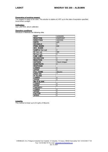 LABKIT MINDRAY BS 200 â ALBUMIN - AgentÃºra Harmony vos