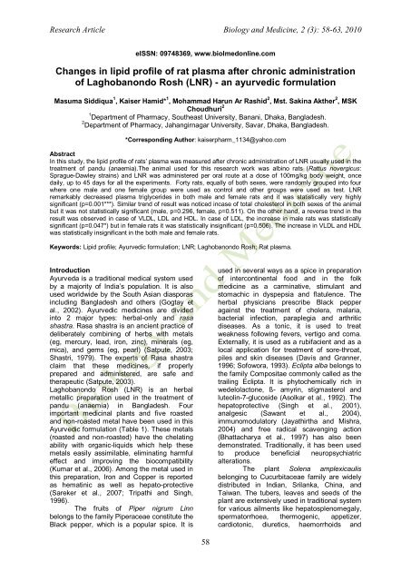 Changes in lipid profile of rat plasma after chronic administration of ...