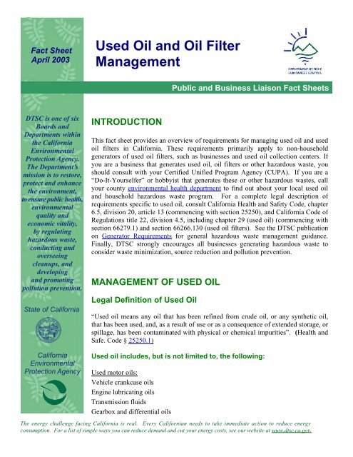 Fact Sheet: Used Oil and Oil Filter Management - San Diego Health ...