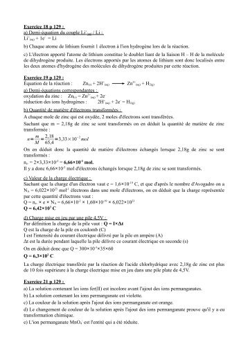 Exercice 18 p 129 : a) Demi-Ã©quation du couple Li+ (aq) / Li : Li+ b ...