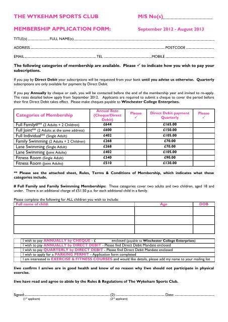 THE WYKEHAM SPORTS CLUB M/S No(s) MEMBERSHIP ...