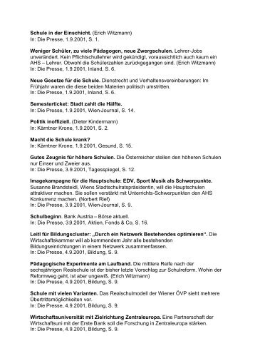 Schule in der Einschicht. (Erich Witzmann) In: Die Presse, 1.9.2001 ...