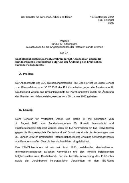 Sachstandsbericht zum Pilotverfahren - Hafenausschuss