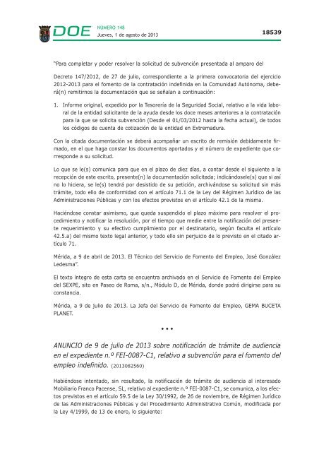 ANUNCIO de 9 de julio de 2013 sobre notificaciÃ³n de trÃ¡mite de ...