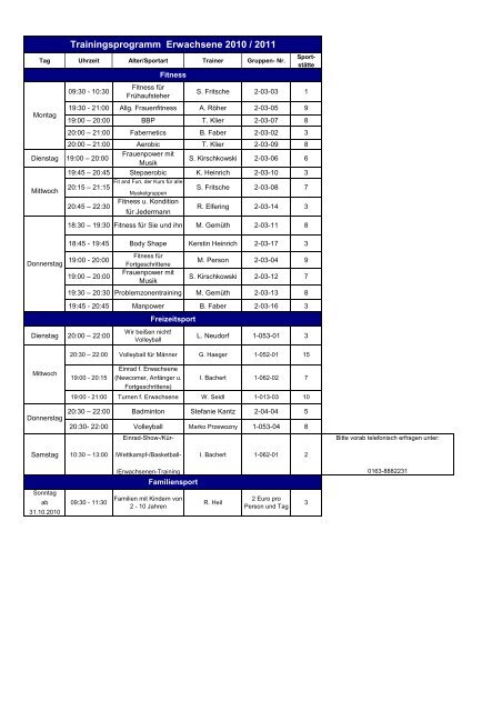 Trainingszeiten - Angebot für Erwachsene - und Sportverein ...