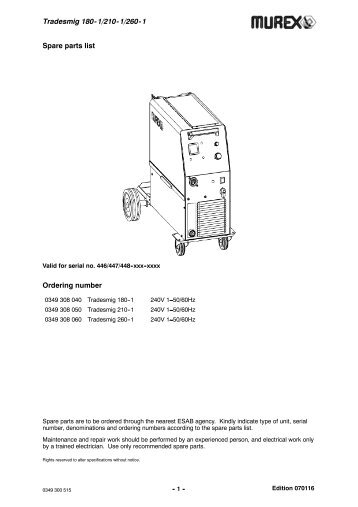 Tradesmig 180 - 1/210 - 1/260 - 1 Spare parts list Ordering ... - Murex