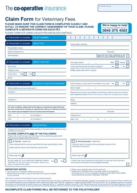 Veterinary fees claim form - The Co-operative Insurance