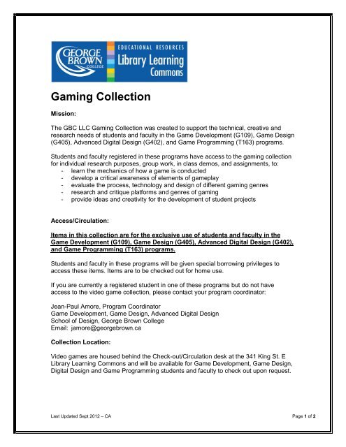 Gaming Collection - George Brown College Library Learning ...