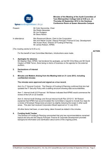 Format for Governors Meeting Minutes - Tyne Metropolitan College