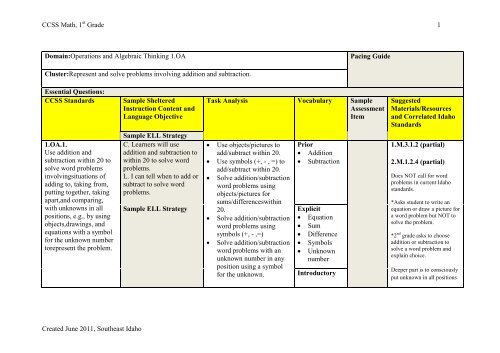 Grade 1 Math Task Analysis for CCSS - From Idaho
