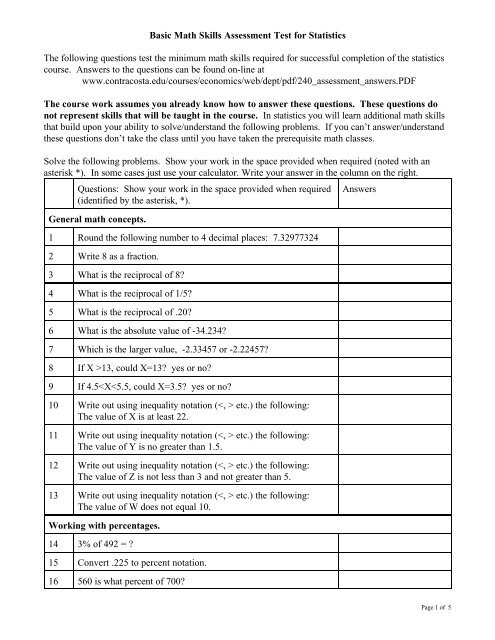 Basic Math Skills Assessment Test for Statistics The following ...