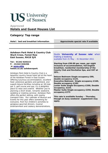 Hotels and Guest Houses List - University of Sussex
